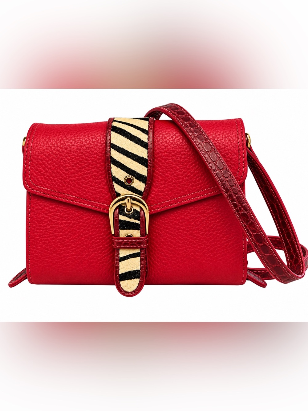 Red Leather Crossbody Bag with Zebra Accent
